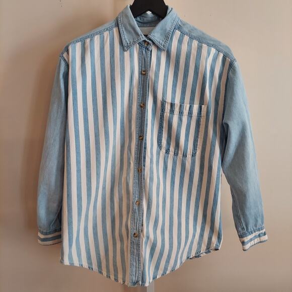 Vintage Button Up Shirt Long Sleeve Casual 90s Contrasting Sleeve - Picture 1 of 9